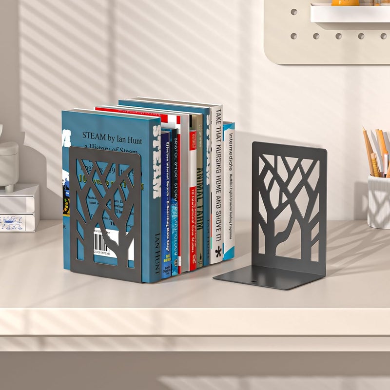 VFINE 8-Piece Metal Bookends for Shelves, Black Tree Book Ends for Books, Decorative Desk Book Organizer, Non-Skid Shelve Bookends for Home Office Shcool Supplies - Image 3